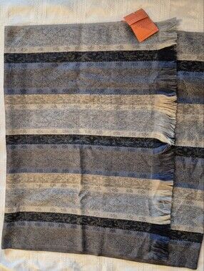 Moksha fine wovens 100% pure new wool, dry clean only blues tan gray striped NWT